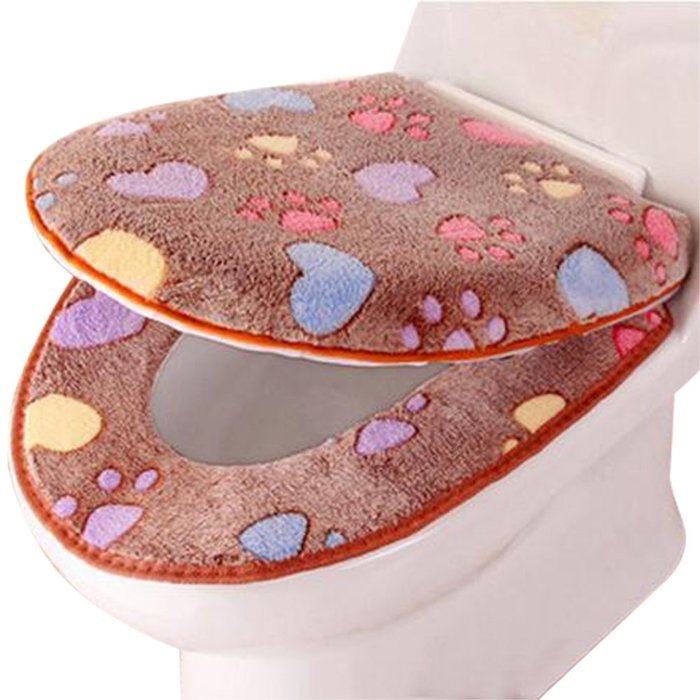 Yaheeda Toilet Seat Cover,Lovely Feet Design Coral Fleece Closestool Bathroom Warmer Pads Set,Coffee N3