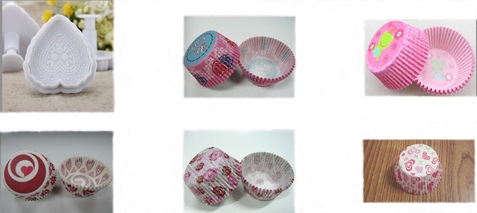 3Pcs/Set Heart Shaped Plunger Mould & 125 Designer Cupcake Liners Bundle Girls Party Theme N6