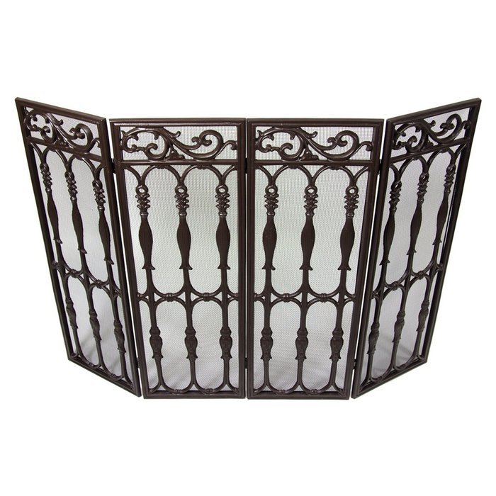 Westinghouse Wrought Iron 4-Panel Brown Fireplace Screen Mesh Decorative Scroll N3