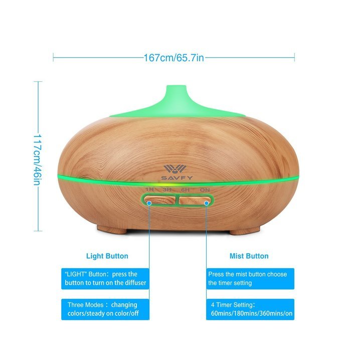 SAVFY 100ml Aromatherapy Essential Oil Diffuser Wood Grain Design with 7 Color LED Lights Changing and Waterless... N12