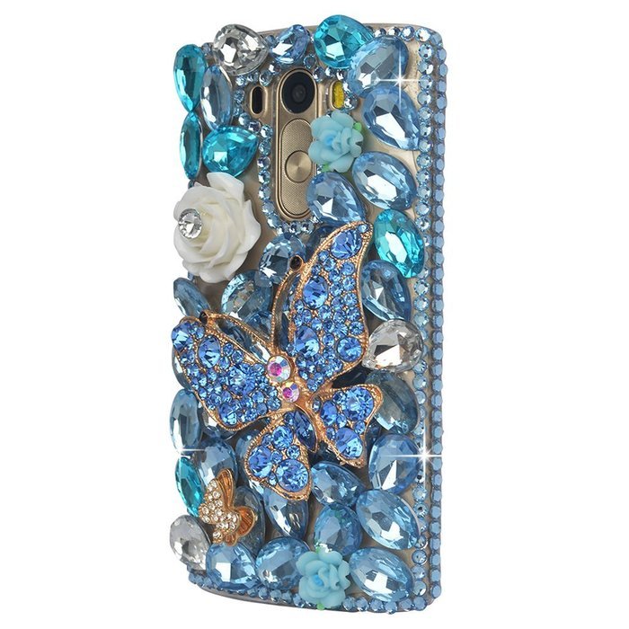 Spritech(TM) Clear Hard Bling Phone Case for LG G Stylo 2 LS775/LG Stylus 2 K520,Handmade Blue Crystal White Flower... N41