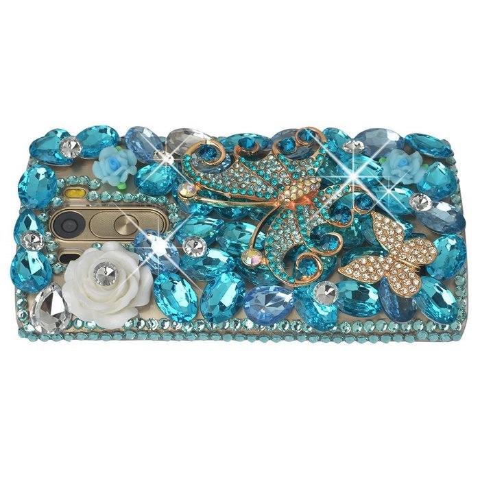 Spritech(TM) Clear Hard Bling Phone Case for LG G Stylo 2 LS775/LG Stylus 2 K520,Handmade Blue Crystal White Flower... N44