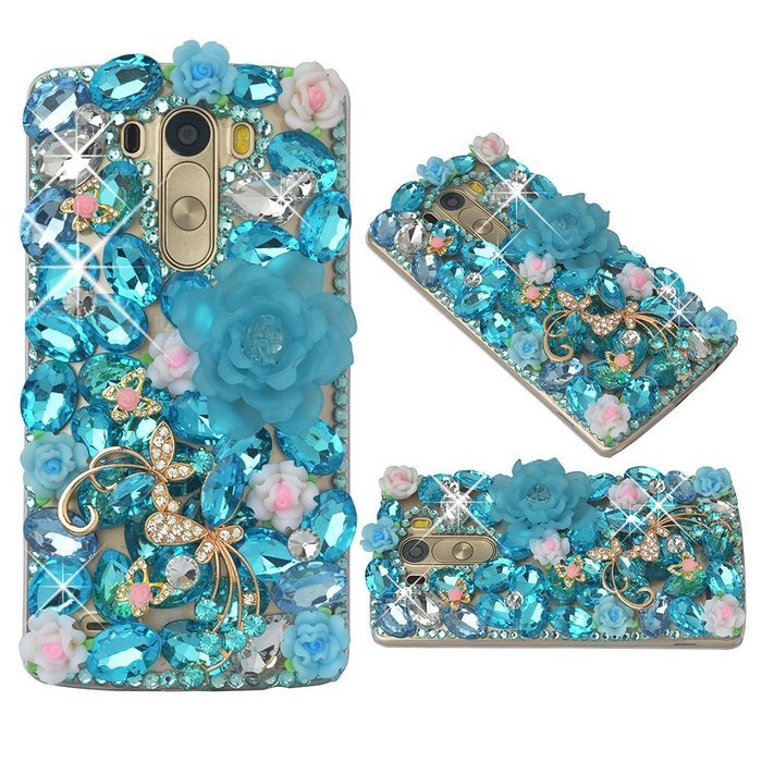 Spritech(TM) Clear Hard Bling Phone Case for LG G Stylo 2 LS775/LG Stylus 2 K520,Handmade Blue Crystal White Flower... N45