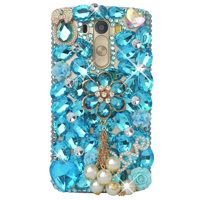 Spritech(TM) Clear Hard Bling Phone Case for LG G Stylo 2 LS775/LG Stylus 2 K520,Handmade Blue Crystal White Flower... N48