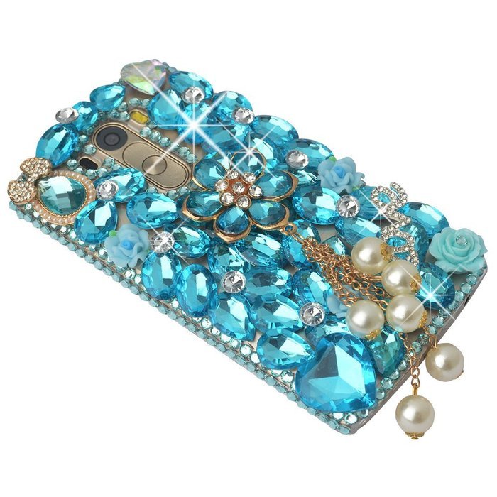 Spritech(TM) Clear Hard Bling Phone Case for LG G Stylo 2 LS775/LG Stylus 2 K520,Handmade Blue Crystal White Flower... N49