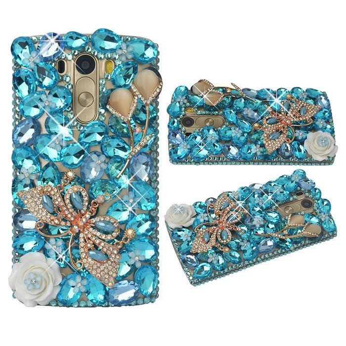 Spritech(TM) Clear Hard Bling Phone Case for LG G Stylo 2 LS775/LG Stylus 2 K520,Handmade Blue Crystal White Flower... N50