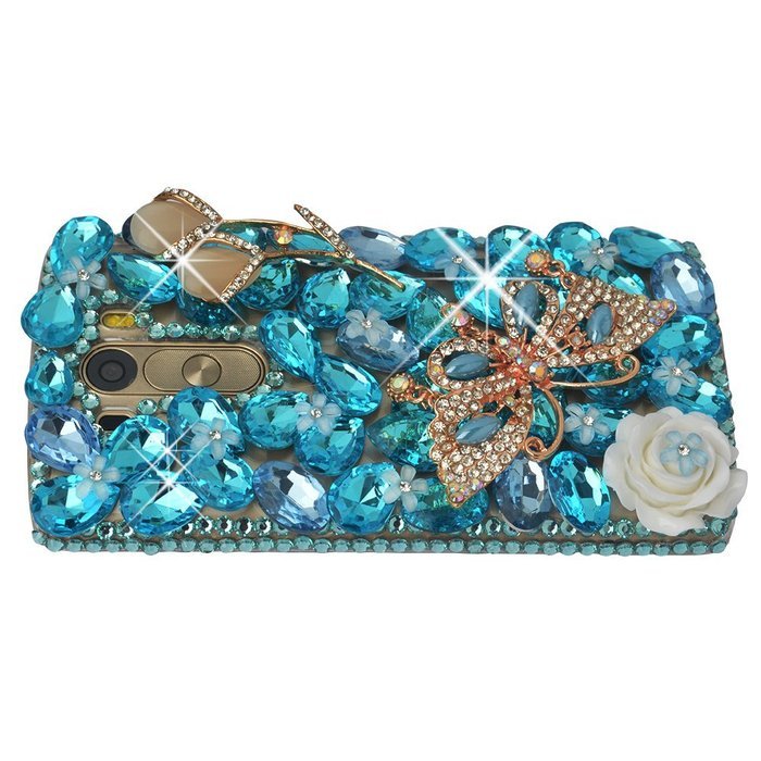 Spritech(TM) Clear Hard Bling Phone Case for LG G Stylo 2 LS775/LG Stylus 2 K520,Handmade Blue Crystal White Flower... N51