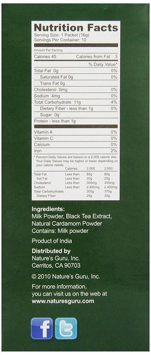 Nature's Guru Instant Unsweetened Chai, Cardamom, 10-Count N3