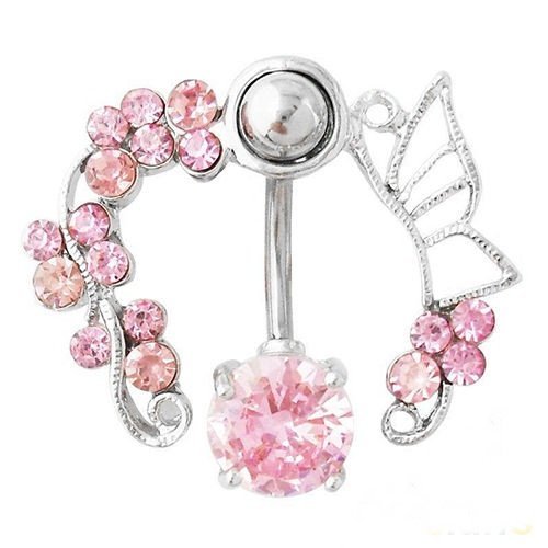 Sexy Women Pink Butterfly Crystal Flower Navel Belly Ring Studs Piercing Jewelry