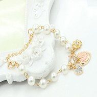 Elegant Women Single Layer Sweet Heart Crystal Pearl Cuff Style Bangle Bracelet