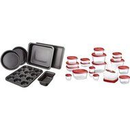 AmazonBasics 6-Piece Bakeware Set and Rubbermaid Easy Find Lids Food Storage Container, 42-piece Set, Red (1880801...