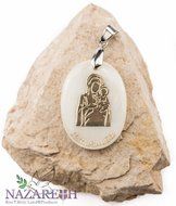 Holy Mary &amp; Baby Jesus Mother of Pearl Pendant Madonna Medal Handmade Nazareth N2