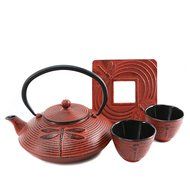Cuisiland Dragonfly Cast Iron Teapot Set with 2 Cups 27oz Red