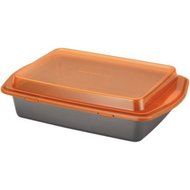 Rachael Ray Nonstick Bakeware 9-Inch by 13-Inch Covered Cake Pan, Gray with Orange Lid and Handles