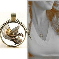 Vintage Steampunk Dragon Photo Cabochon Glass Pendant Bronze CHAIN Necklace