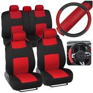 Black/Red Car Seat Covers for Auto w/ 2 Tone PU Leather Steering Wheel Cover