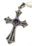 Natural Purple Amethyst quartz Crucifix Pendant Silver 925 Marcasite Cross 2&quot;