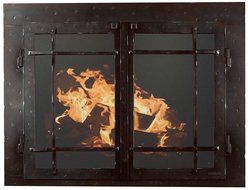 Ironhaus Iron Fireplace Glass Door with Gate Mesh with 4" Frame In Hammered Black Copper Finish, Mission Design...