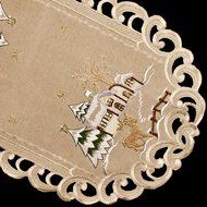 19" X 90" Wide Christmas Snow Scene with Deer and Trees on Beige Fireplace Mantle Scarf