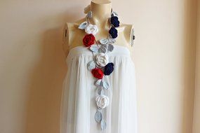 Rose Scarf-Rose Crochet Scarf-Navy White Red Roses With Grey Leaves-Lariat Necklace - Christmas Gift For Her Girlfriend...