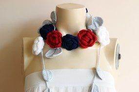 Rose Scarf-Rose Crochet Scarf-Navy White Red Roses With Grey Leaves-Lariat Necklace - Christmas Gift For Her Girlfriend... N2