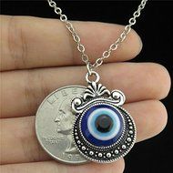 New Silver Acrylic Blue Evil Eye Mirror Crafts Pendant Chain Collar Necklace 18&quot;