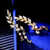 Fashion Women Gold Silver Leaves Tassel Ear Stud Crystal Zircon Earrings Jewelry Gold N2