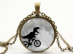 Vintage Dinosaur Cabochon Bronze Glass Chain Pendant Necklace &#65281; N2