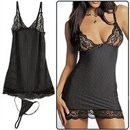 Women Sexy Set Body doll Sleepwear Lace(Black) N3