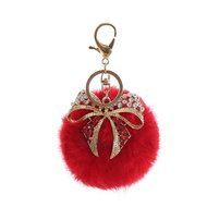 AutumnFall Rabbit Fur Ball Bow Rhinestone Keychain Bag Plush Key Ring Car Key Pendant (Gray)