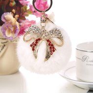 AutumnFall Rabbit Fur Ball Bow Rhinestone Keychain Bag Plush Key Ring Car Key Pendant (Gray) N3