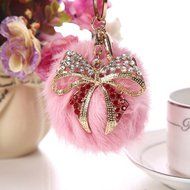 AutumnFall Rabbit Fur Ball Bow Rhinestone Keychain Bag Plush Key Ring Car Key Pendant (Gray) N4