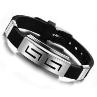 Men&#039;s Black Punk Rubber Stainless Steel Wristband Clasp Cuff Bangle Bracelet New