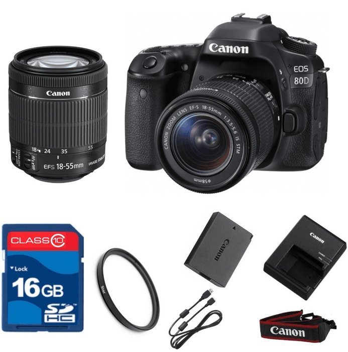 Canon 80D DSLR + 18-55mm IS STM Lens + 16GB Memory + UV Filter + Deluxe Value - International Version
