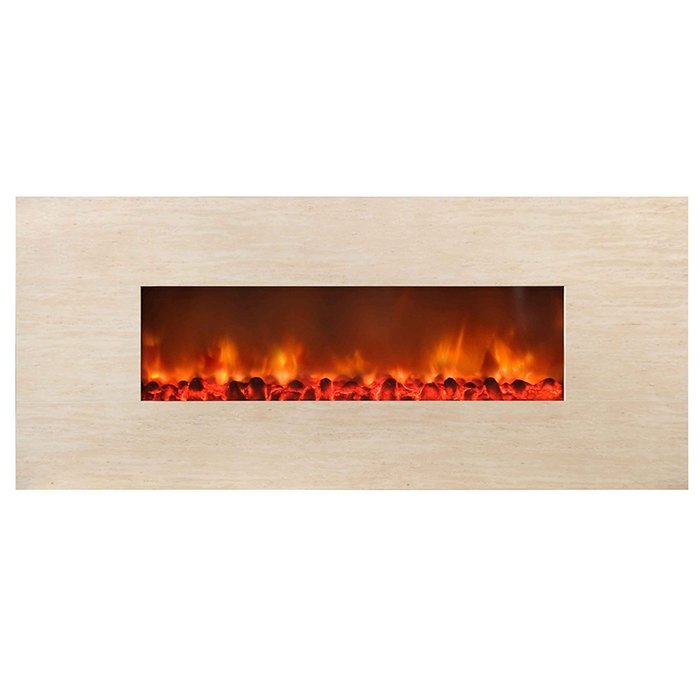 Y Decor FP600 58" Polished Faux Travertine Wall Mount Electric Fireplace, Large, Beige/Tan