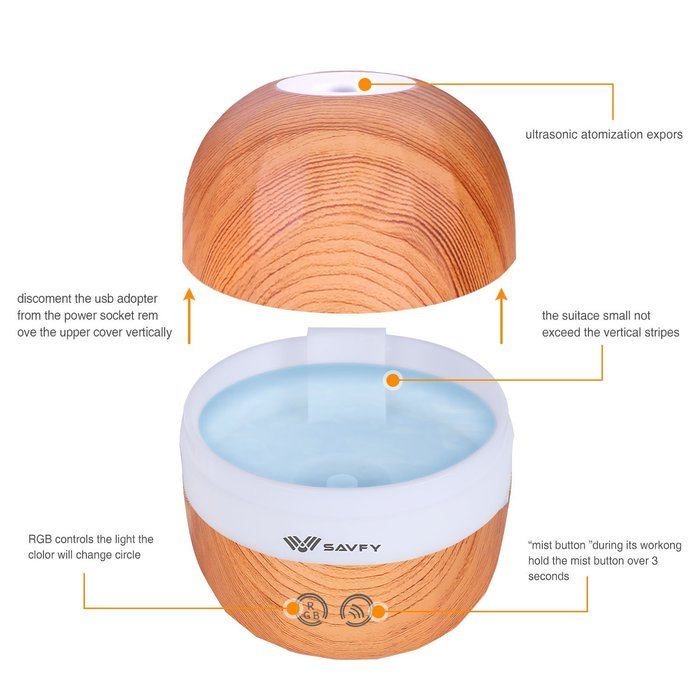 SAVFY 100ml Aromatherapy Essential Oil Diffuser Wood Grain Design with 7 Color LED Lights Changing and Waterless... N15