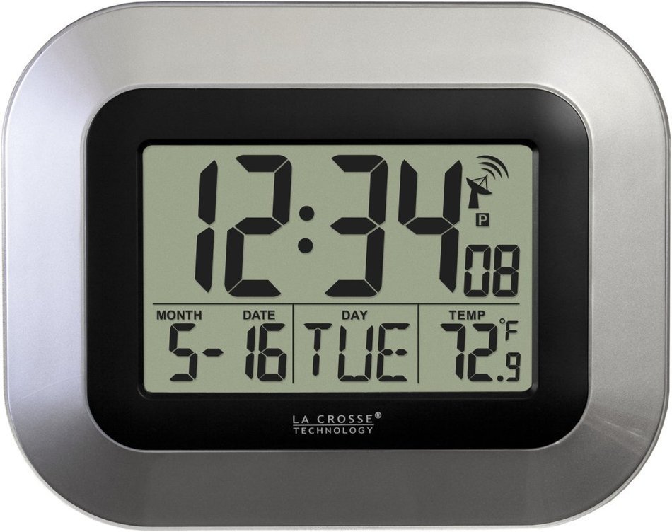 La Crosse Technology WT-8005U-S Atomic Digital Wall Clock with Indoor Temperature, Silver N6