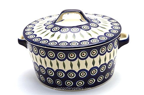 Polish Pottery Baker - Round Covered Casserole - Peacock