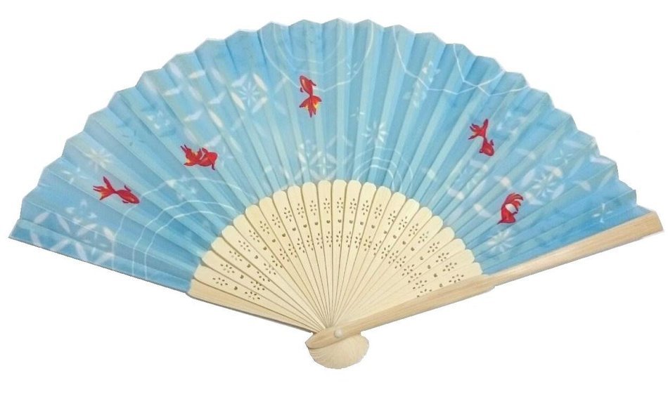 Folding Fan (21cm) Running water Goldfish Pattern, Light Blue