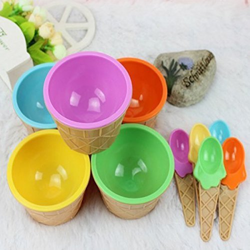 Teanfa Plastic Children Ice Cream Waffle Cone Bowls Spoons Cups Set N2