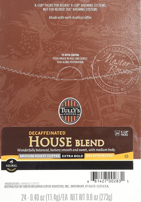 Tully's Coffee Decaffeinated House Blend, K-Cup Portion Pack for Keurig K-Cup Brewers 24-Count (Pack of 2) N2