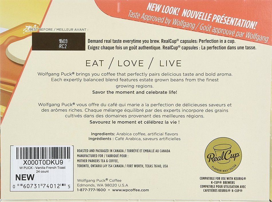 Wolfgang Puck Coffee Single Serve Cups, Vanilla French Toast, 0.35 Oz each, Net Wt. 8.29 Oz, 24 Count N4