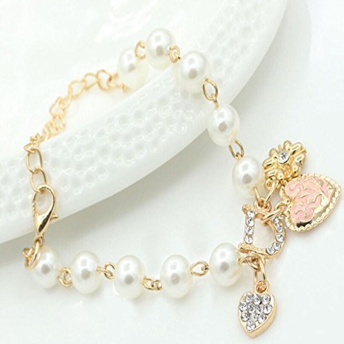 Elegant Women Single Layer Sweet Heart Crystal Pearl Cuff Style Bangle Bracelet N2