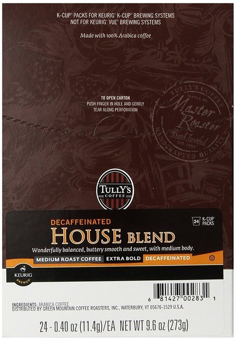 Tully's Coffee Decaffeinated House Blend, K-Cup Portion Pack for Keurig K-Cup Brewers 24-Count (Pack of 2) N5