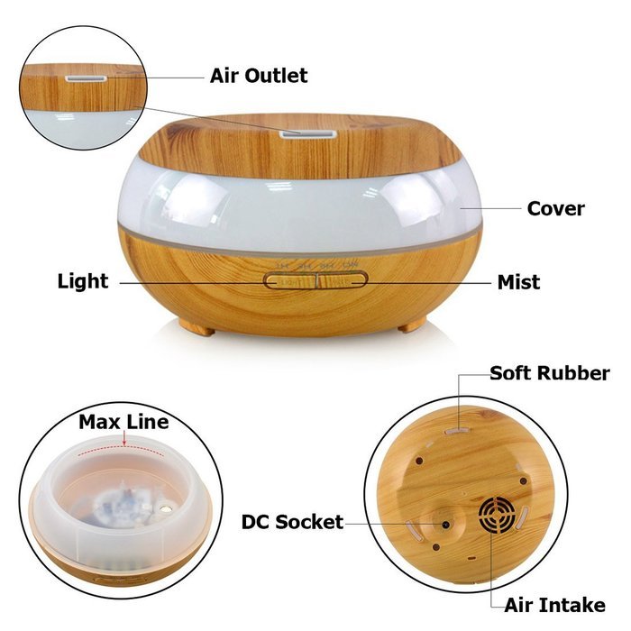 Essential Oil Diffuser Humidifier, Aliceclub 300ml Wood Grain Ultrasonic Cool Mist Humidifier with 7 Color LED... N3