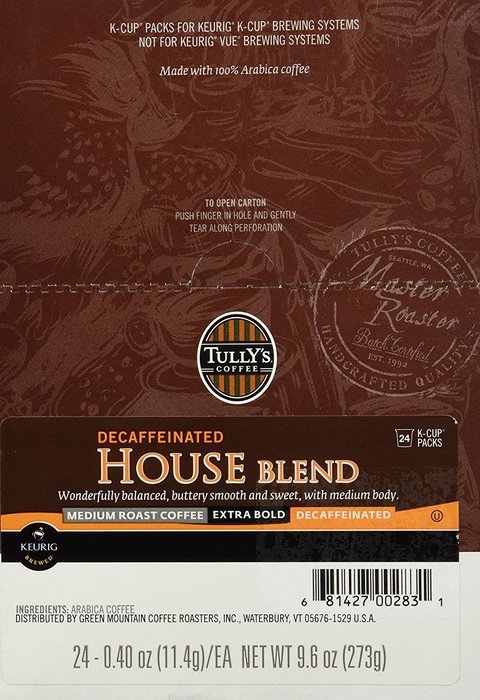 Keurig, Tully's House Blend Decaf, Medium Roast Coffee Extra Bold 24 K-Cup Single Serve Packs for Keurig Brewers N2
