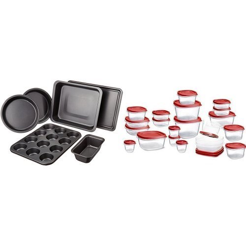 AmazonBasics 6-Piece Bakeware Set and Rubbermaid Easy Find Lids Food Storage Container, 42-piece Set, Red (1880801...
