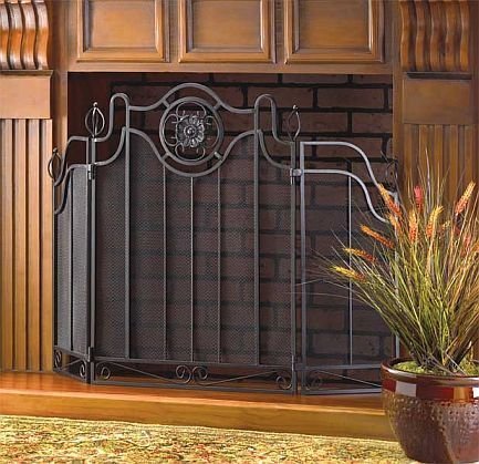 Fireplace Screens Black Rustic Cast Iron Decorative Spark Guard Three Panel Antique Modern Mesh Screen