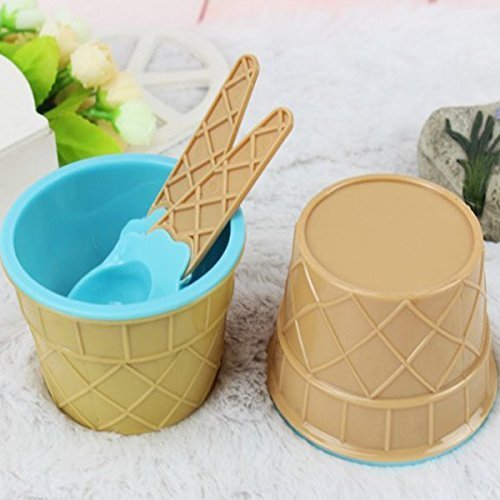 Teanfa Plastic Children Ice Cream Waffle Cone Bowls Spoons Cups Set N5