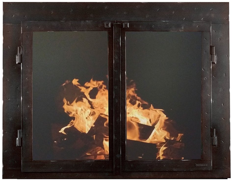 Ironhaus Iron Fireplace Glass Door with Gate Mesh with 4" Frame In Hammered Black Copper Finish, Cabinet (no design...